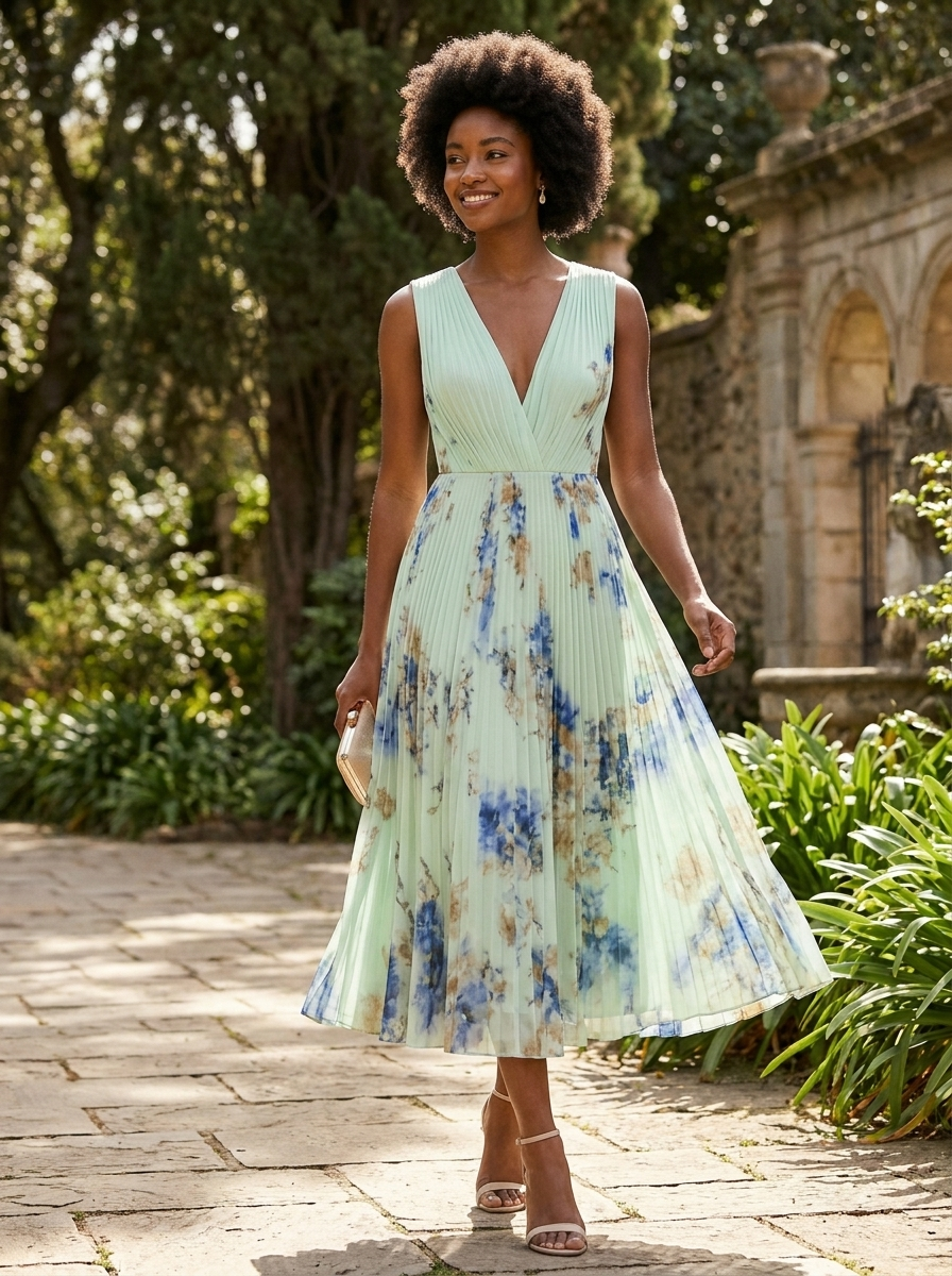 Elegant Pleated Women's Midi Dress with V-Neck