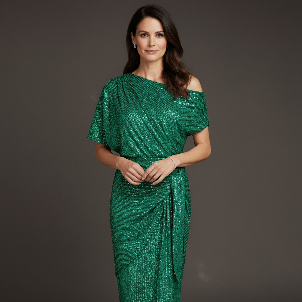 Elegant Sequin Cocktail Dress for Women with Asymmetric Shoulder