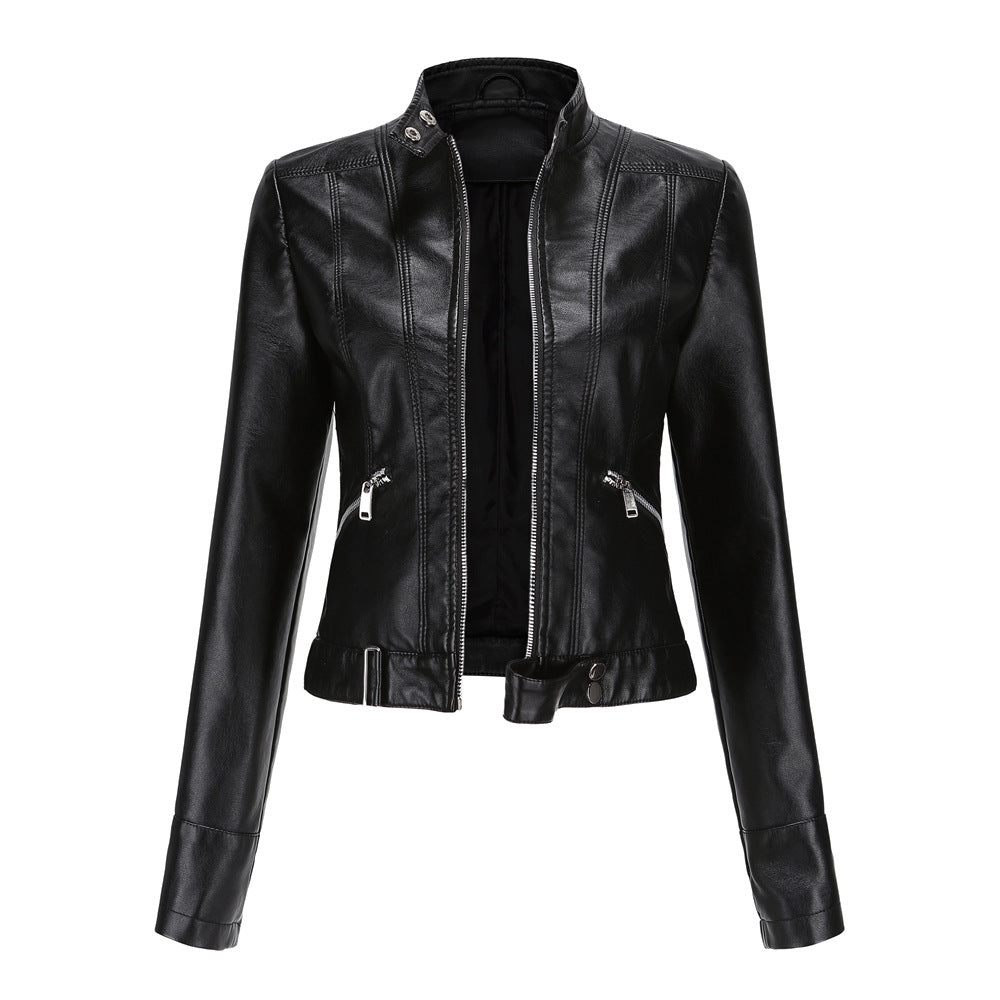 Elegant Women's Leather Jacket - Classic Biker Jacket with Zipper