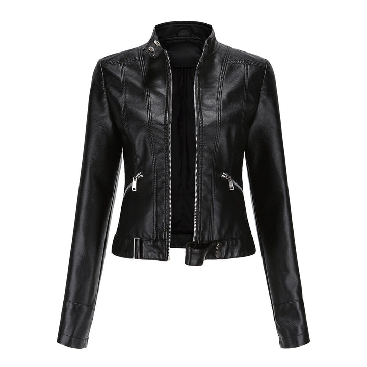 Elegant Women's Leather Jacket - Classic Biker Jacket with Zipper