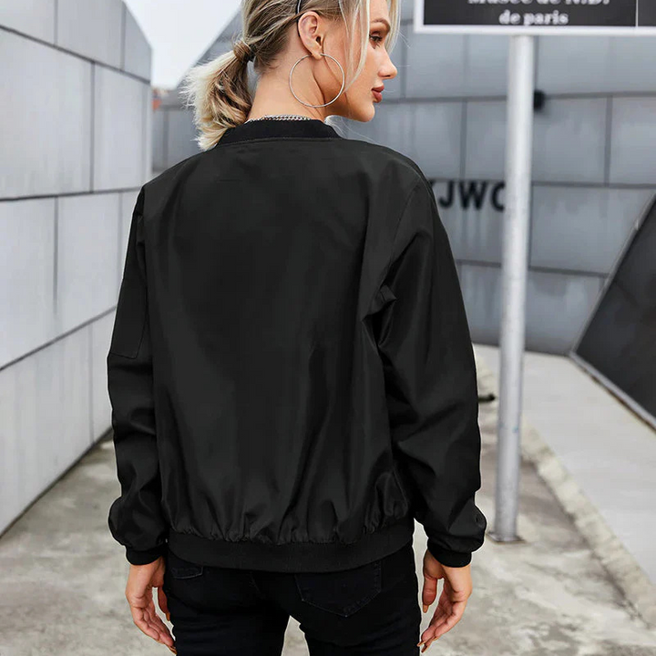 Women's Short Bomber Jacket with Zipper - Athletic-Elegant Transitional Jacket