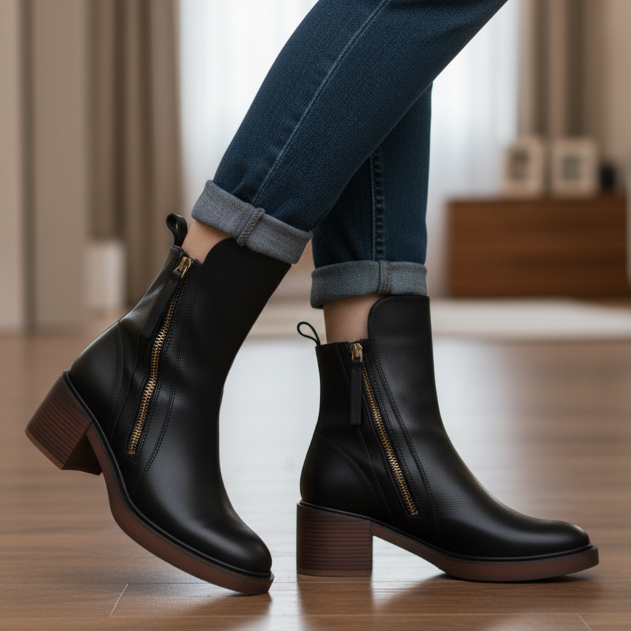 Elegant Women's Leather Ankle Boots with Block Heel - Comfortable Ankle Boots