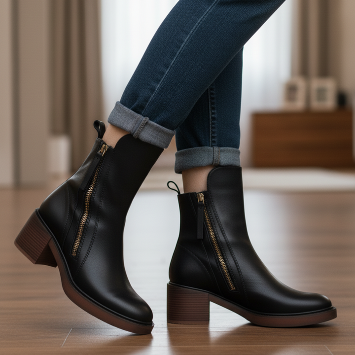 Elegant Women's Leather Ankle Boots with Block Heel - Comfortable Ankle Boots