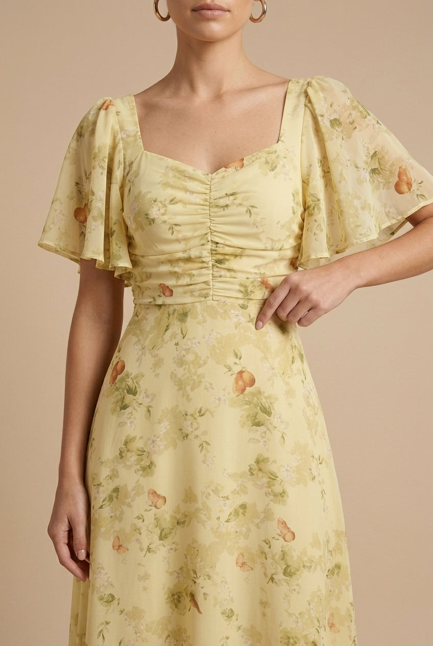 Elegant Floral Women's Maxi Dress with Puff Sleeves