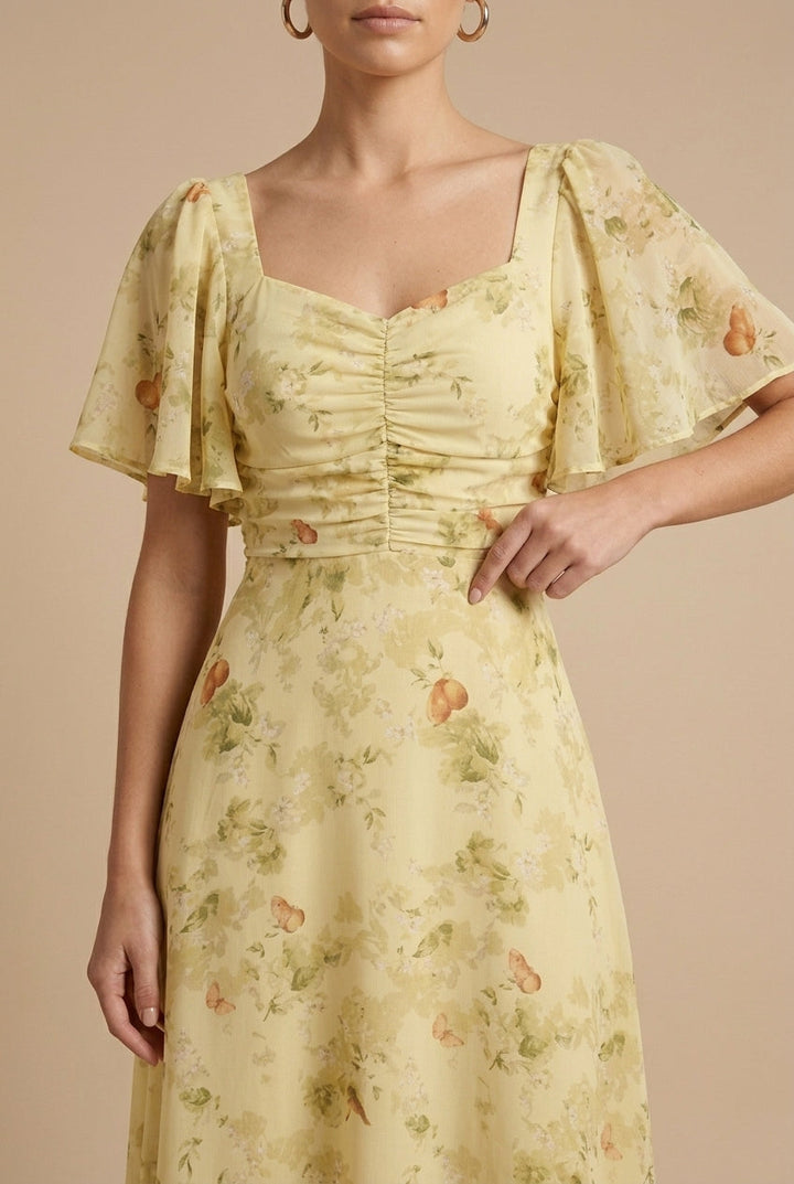 Elegant Floral Women's Maxi Dress with Puff Sleeves
