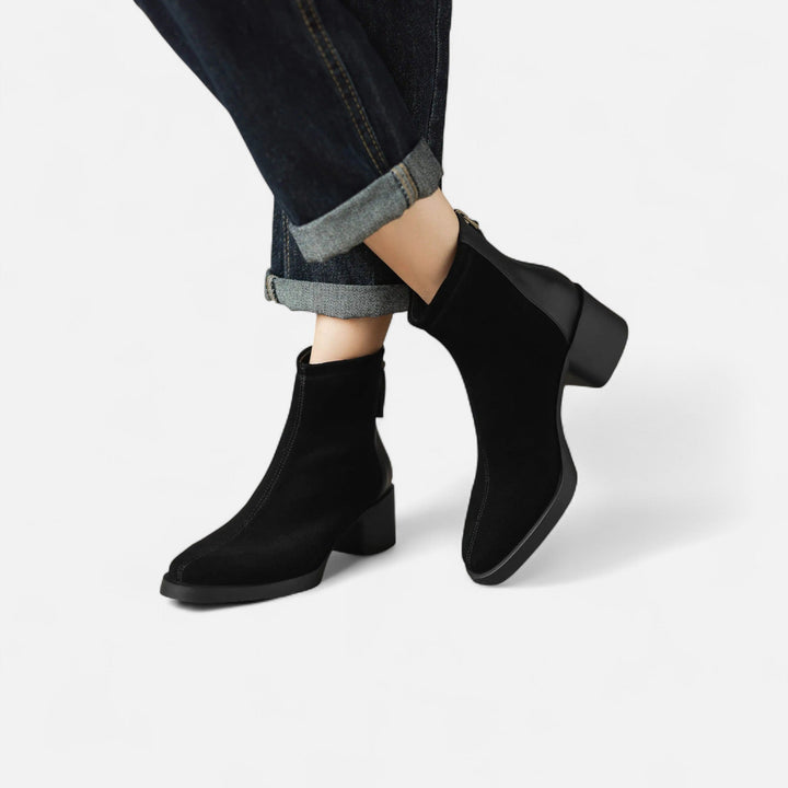Women's Suede Ankle Boots with Square Toe and Mid Heel