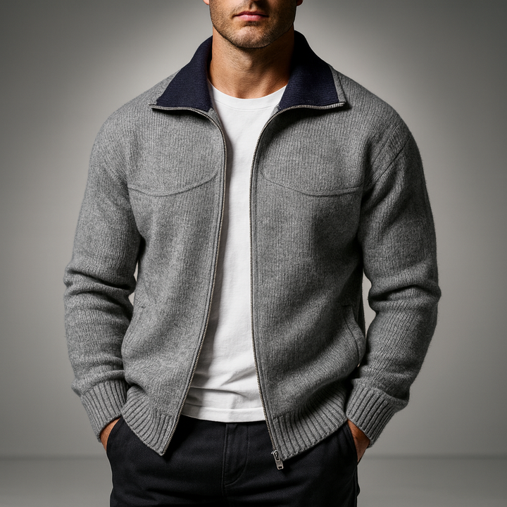 Men's Knit Zip Cardigan with Mock Neck for Business and Casual Wear