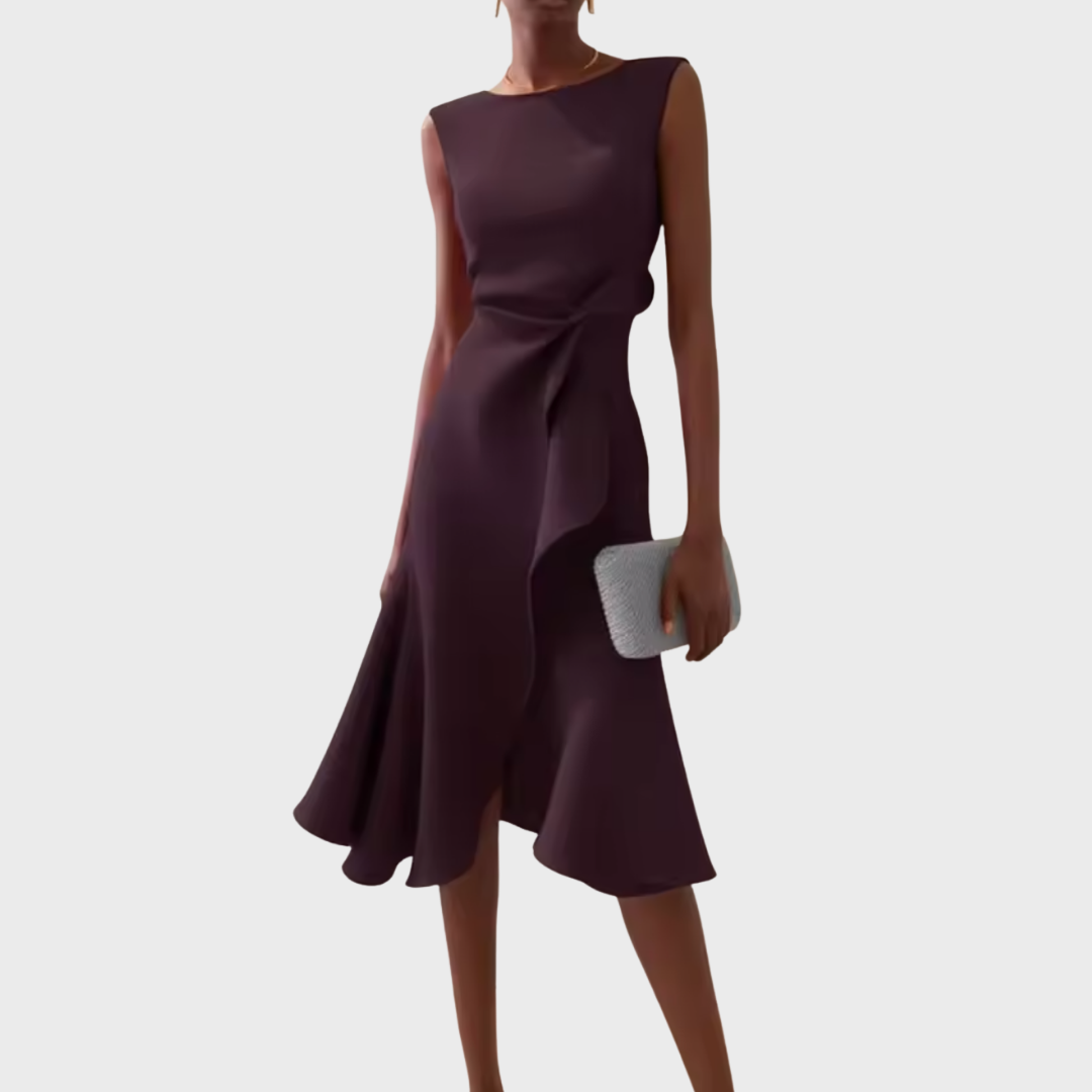 Elegant Draped Women's Asymmetric Midi Dress