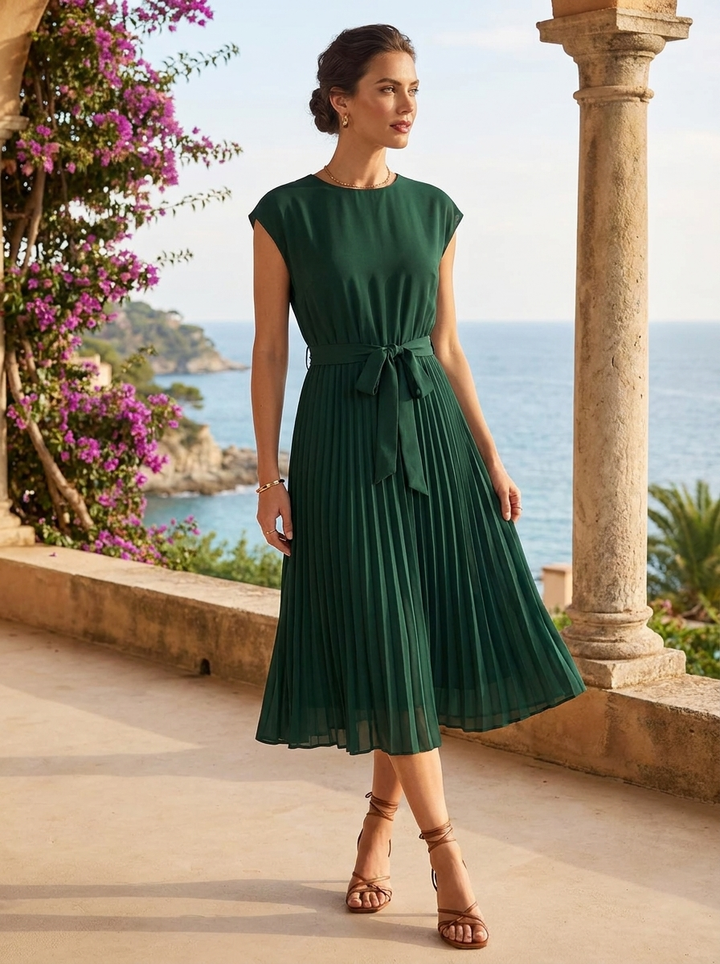 Elegant Belted Women's Pleated Midi Dress