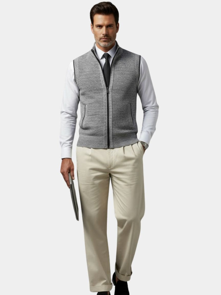 Elegant Men's Zip-Up Sweater Vest with Emblem - Knit Vest