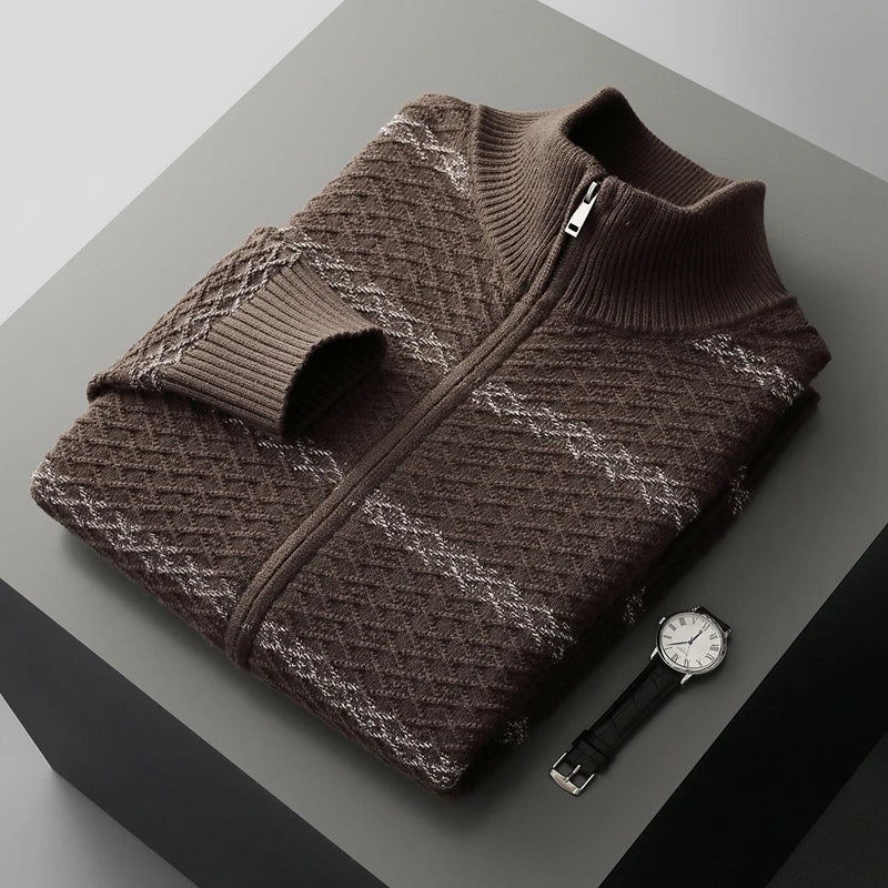 Men's Nordic Knit Zip Jacket with Woven Pattern