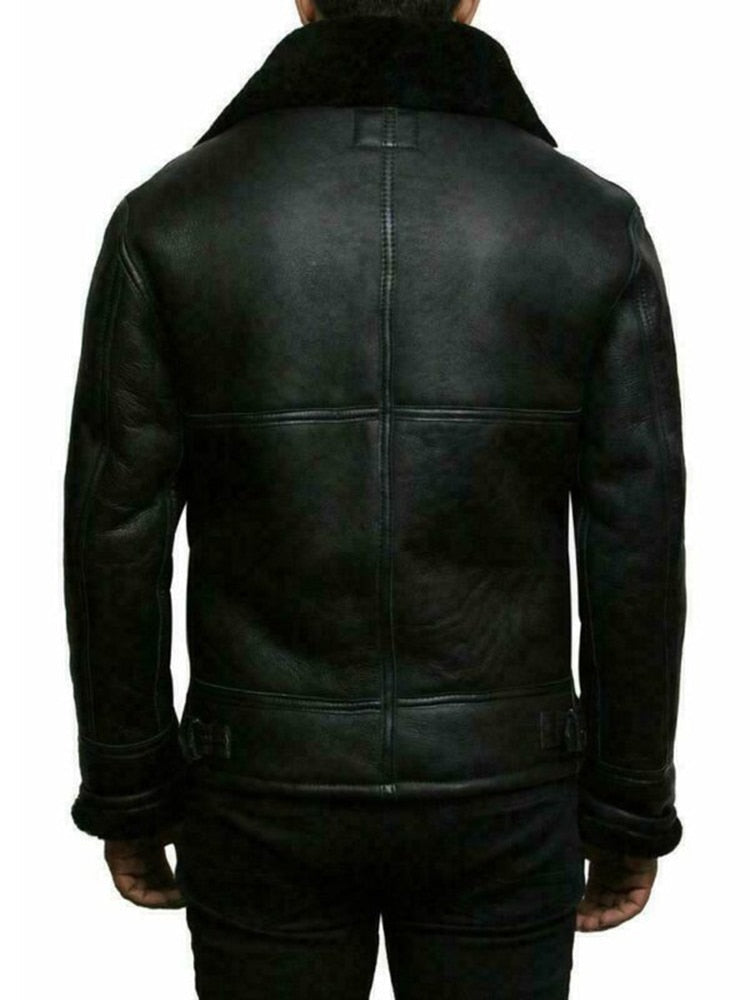 Men's Aviator Leather Jacket with Sherpa Lining - Warm Pilot Jacket in PU Leather