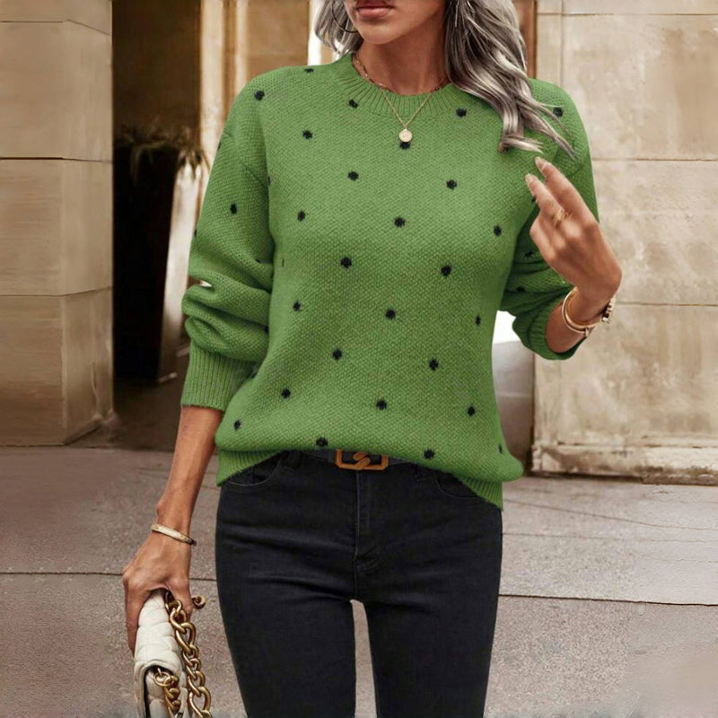 Women's Polka Dot Knit Sweater with Round Neckline