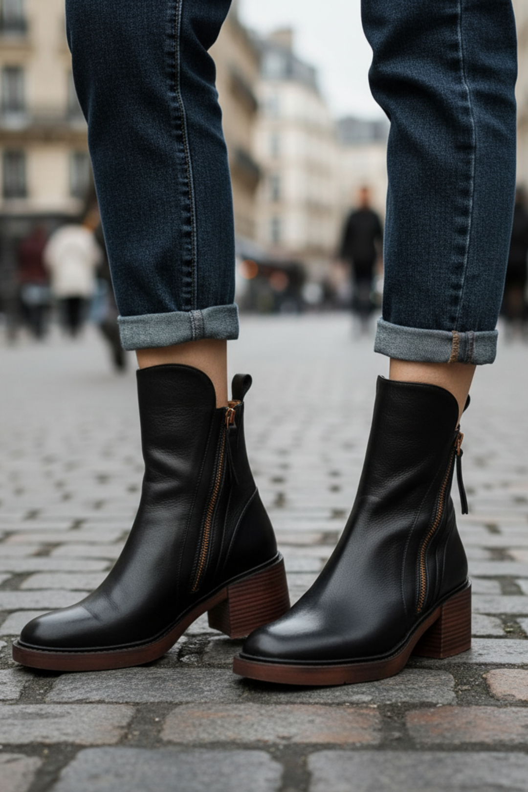 Elegant Women's Leather Ankle Boots with Block Heel - Comfortable Ankle Boots