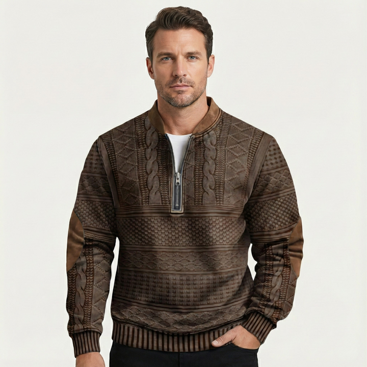 Stylish Casual Men's Half Zip Sweater with Elbow Patches