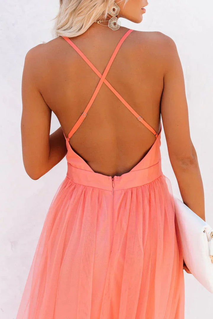 Elegant Flowing Women's Maxi Dress with V-Neck and Spaghetti Straps