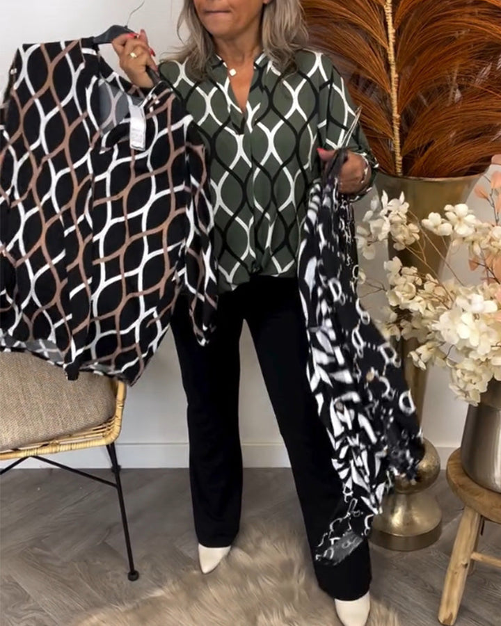 Women's Elegant Long Sleeve Blouse with Geometric Pattern