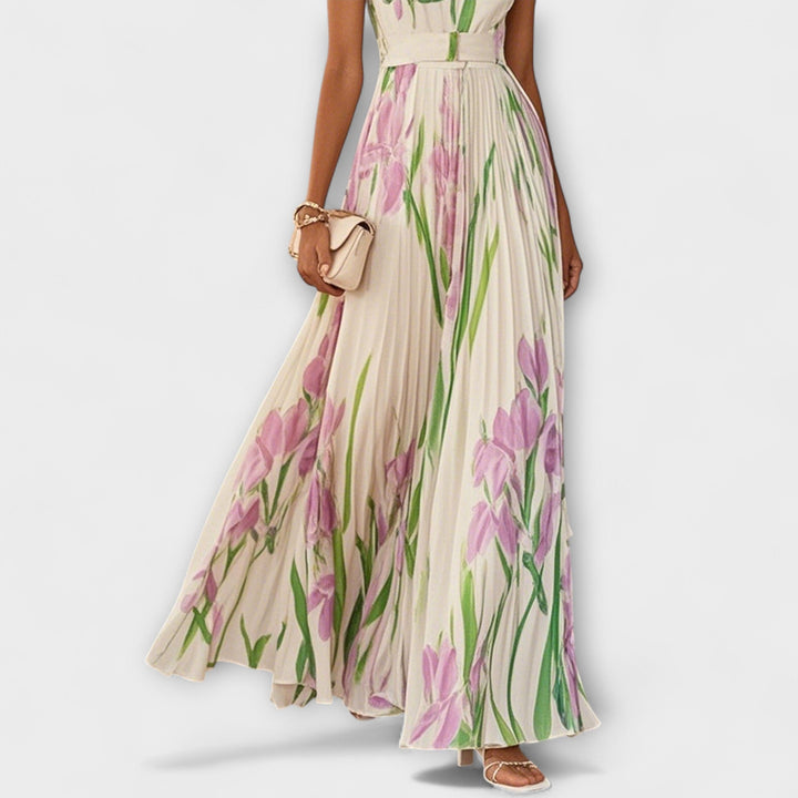 Elegant Women's Floral Chiffon Maxi Dress with A-Line Silhouette