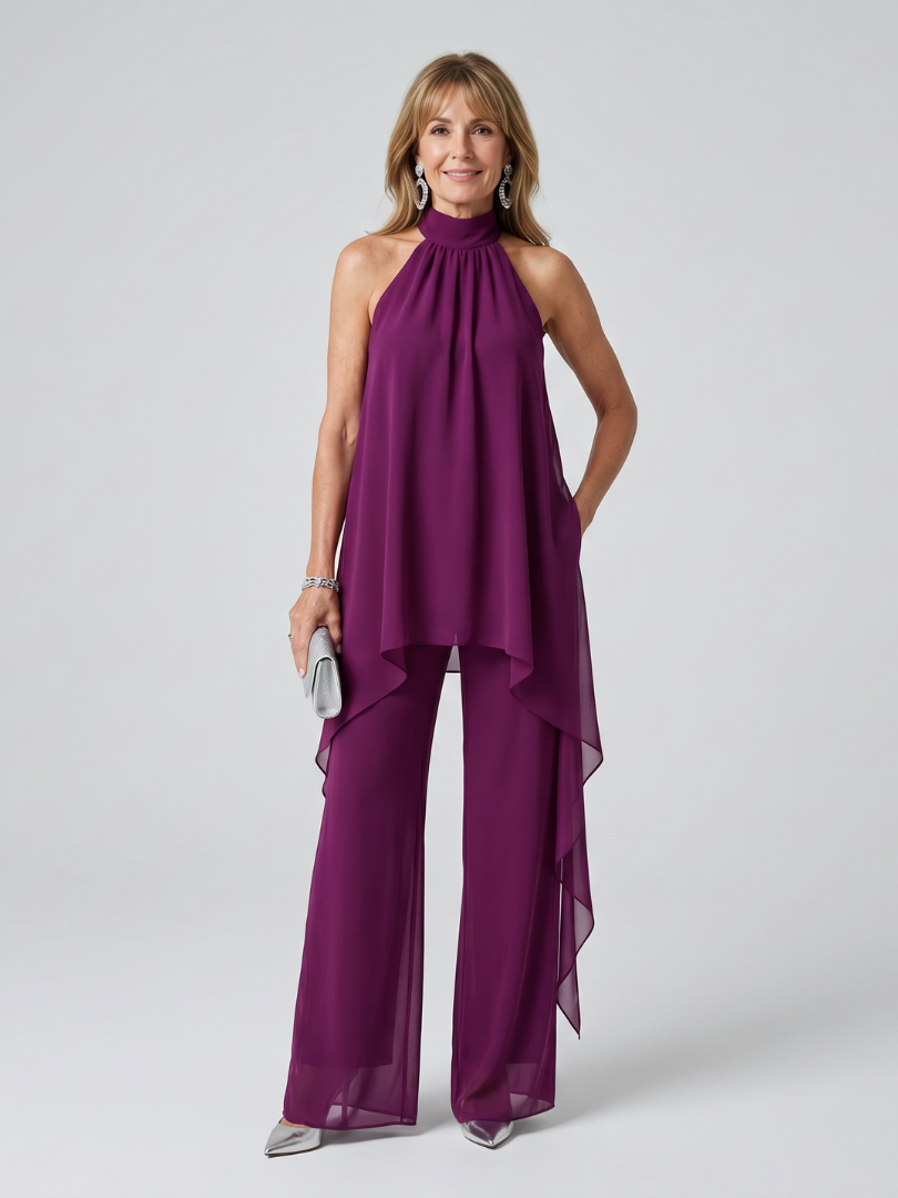 Elegant Asymmetric Women's Halter Neck Tunic Set