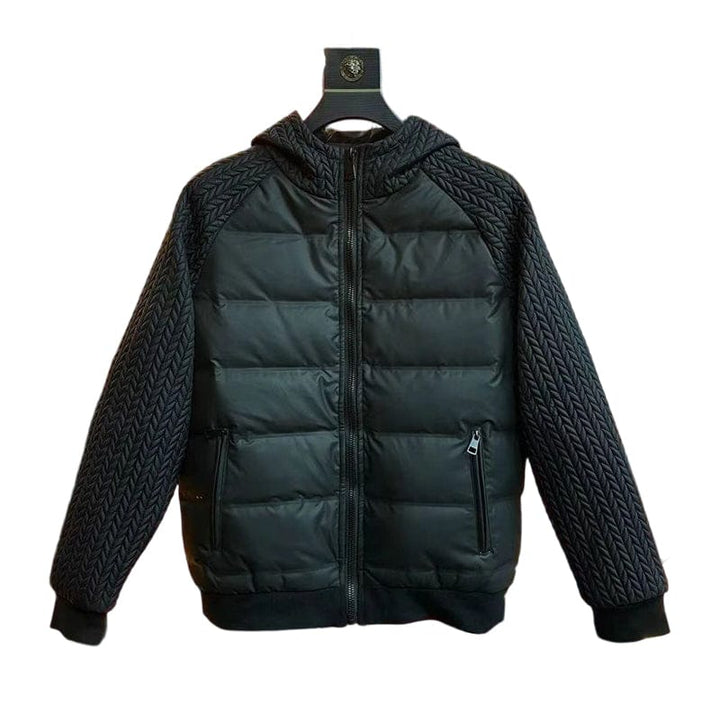 Men's Windproof Quilted Jacket with Knit Sleeves and Down Insulation
