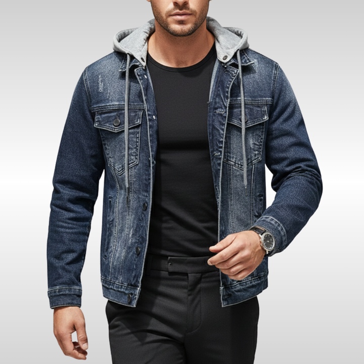 Men's Lined Denim Jacket with Removable Hood for Winter
