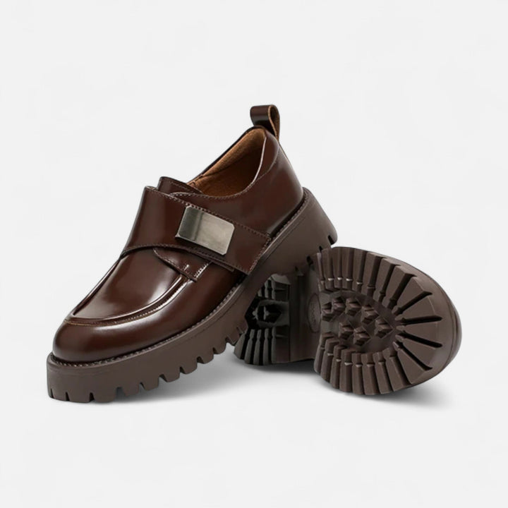 Elegant Women's Leather Derby Shoes with Round Toe and Buckle Closure