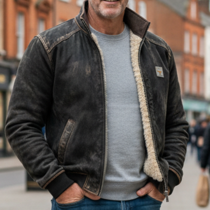 Warm Men's Vintage Leather Jacket with Fluffy Lining - Soft and Elegant