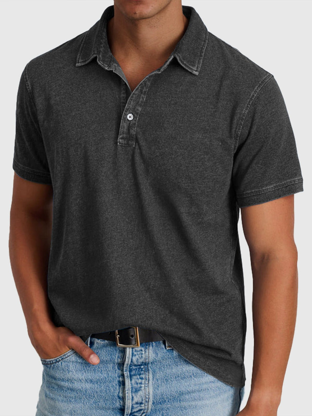 Herren Baumwoll-Denim Kurzarm Polo-Shirt - Black