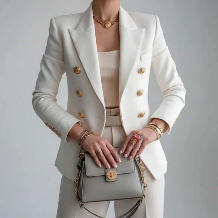 Elegant Women's Double-Breasted Blazer with Gold Buttons - Classic Tailored Fit
