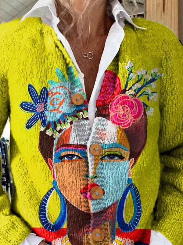 Artistic Women's Knit Cardigan with Portrait Print - Button-Front Cardigan