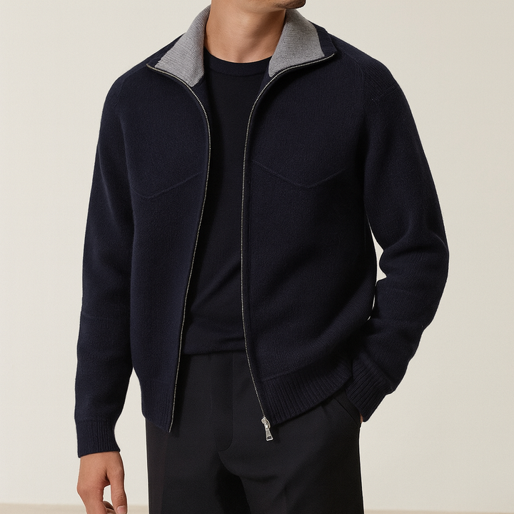 Men's Knit Zip Cardigan with Mock Neck for Business and Casual Wear