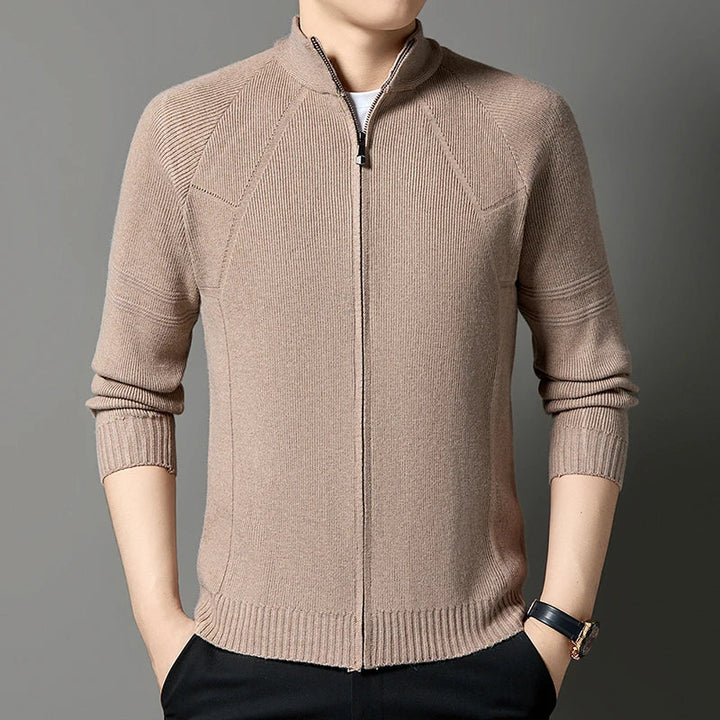 Men's Knitted Cardigan with Stand Collar - Full Zip and Wool Blend