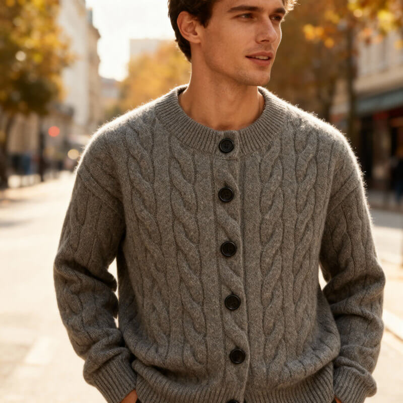Classic Men's Cable Knit Cardigan with Button Placket