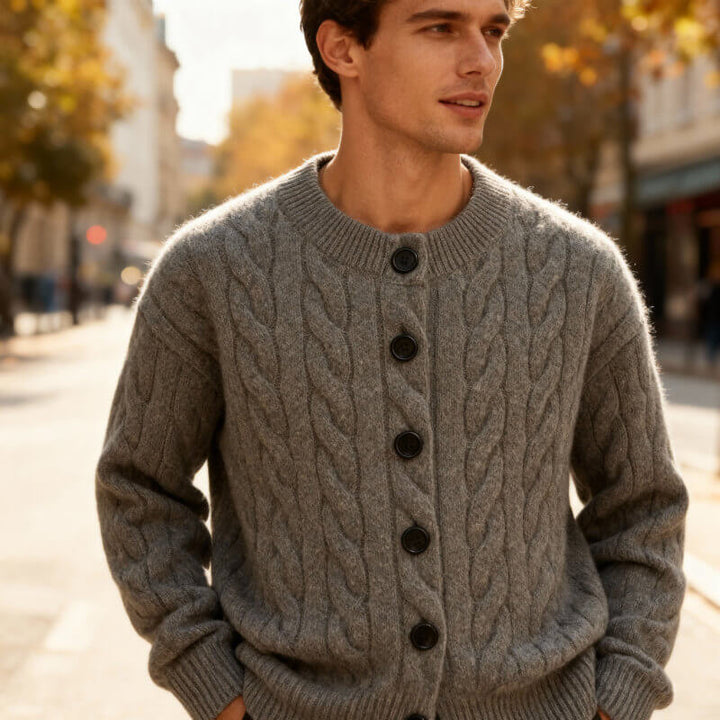 Classic Men's Cable Knit Cardigan with Button Placket