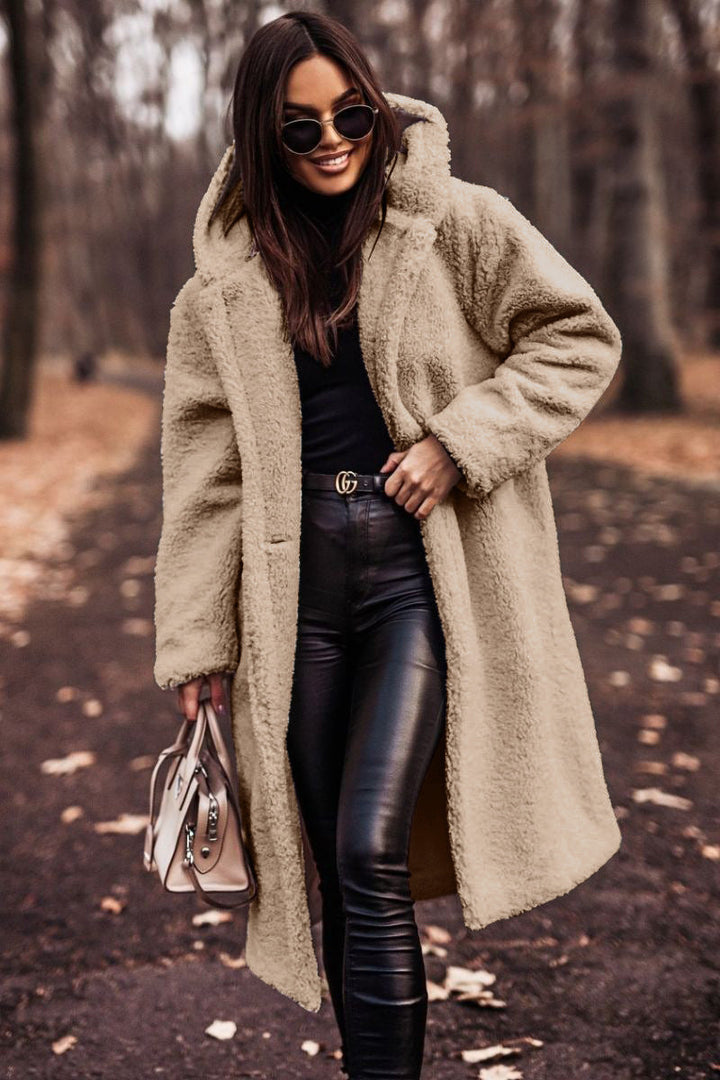Women's Teddy Winter Coat Long with Hood - Elegant Warm Wool Coat