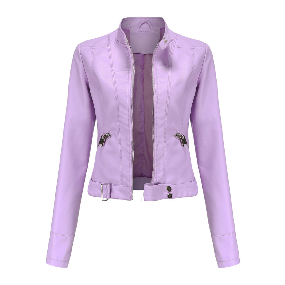 Elegant Women's Leather Jacket - Classic Biker Jacket with Zipper
