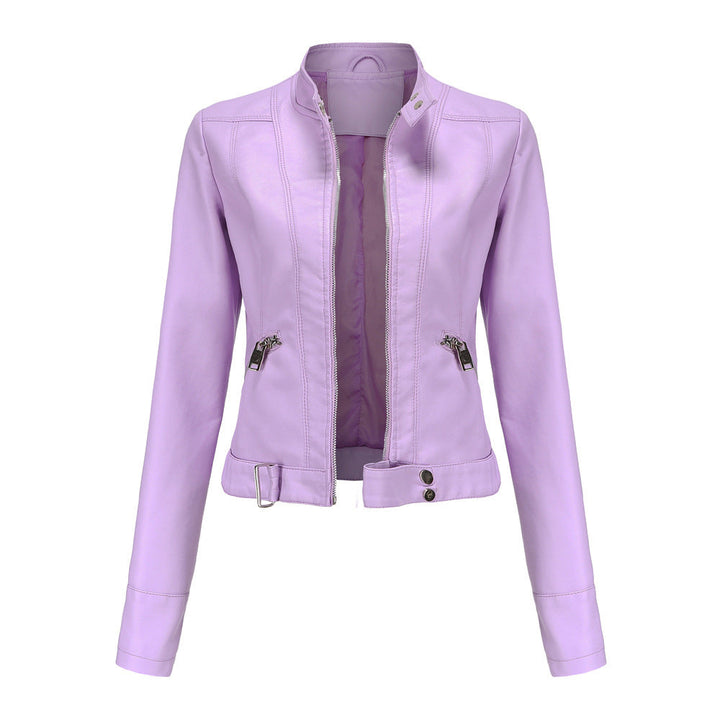 Elegant Women's Leather Jacket - Classic Biker Jacket with Zipper