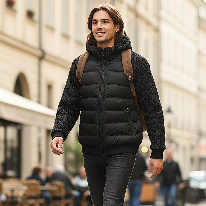 Men's Windproof Quilted Jacket with Knit Sleeves and Down Insulation
