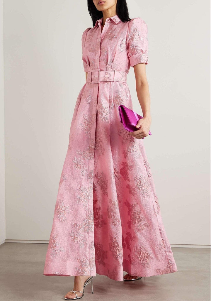 Elegant Floral Women's Maxi Dress with Short Puff Sleeves