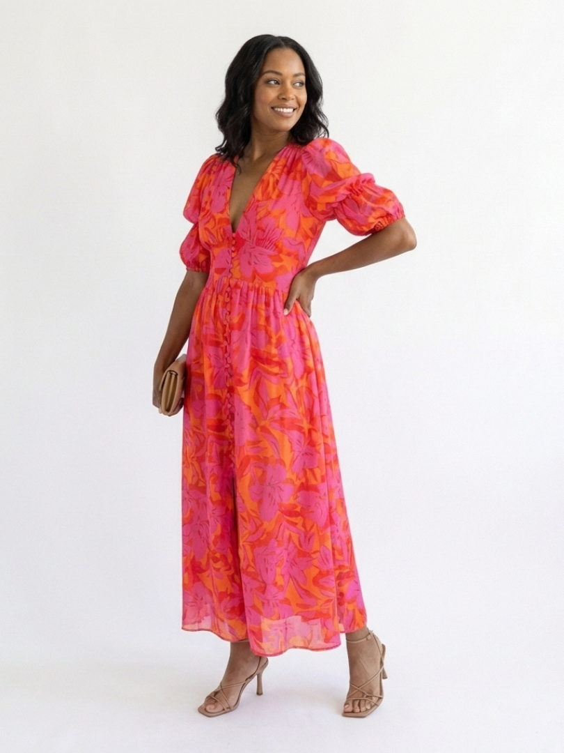 Elegant Floral Women's V-Neck Puff Sleeve Midi Dress