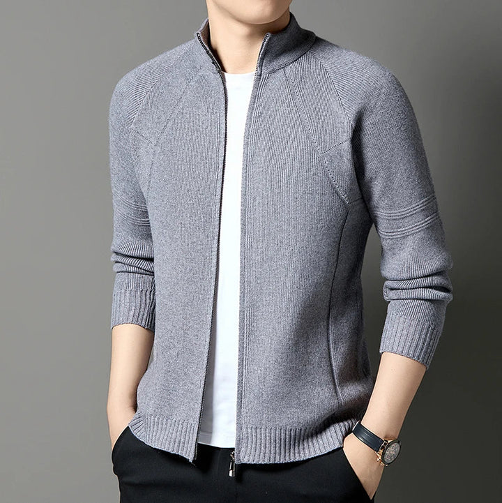 Men's Knitted Cardigan with Stand Collar - Full Zip and Wool Blend