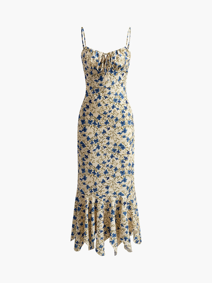 Elegant Printed Women's Maxi Dress with Knotted Irregular Hem