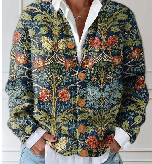 Elegant Women's Knit Cardigan with Vintage Floral Pattern