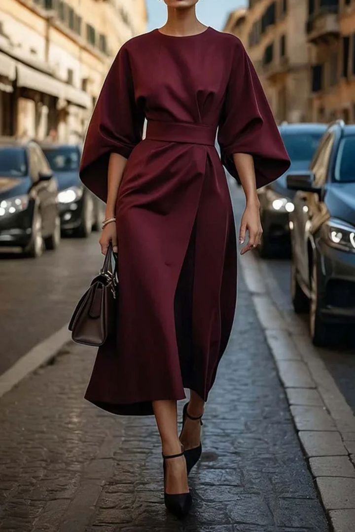 Elegant Women's Midi Dress with Lantern Sleeves - Figure-Hugging and Versatile