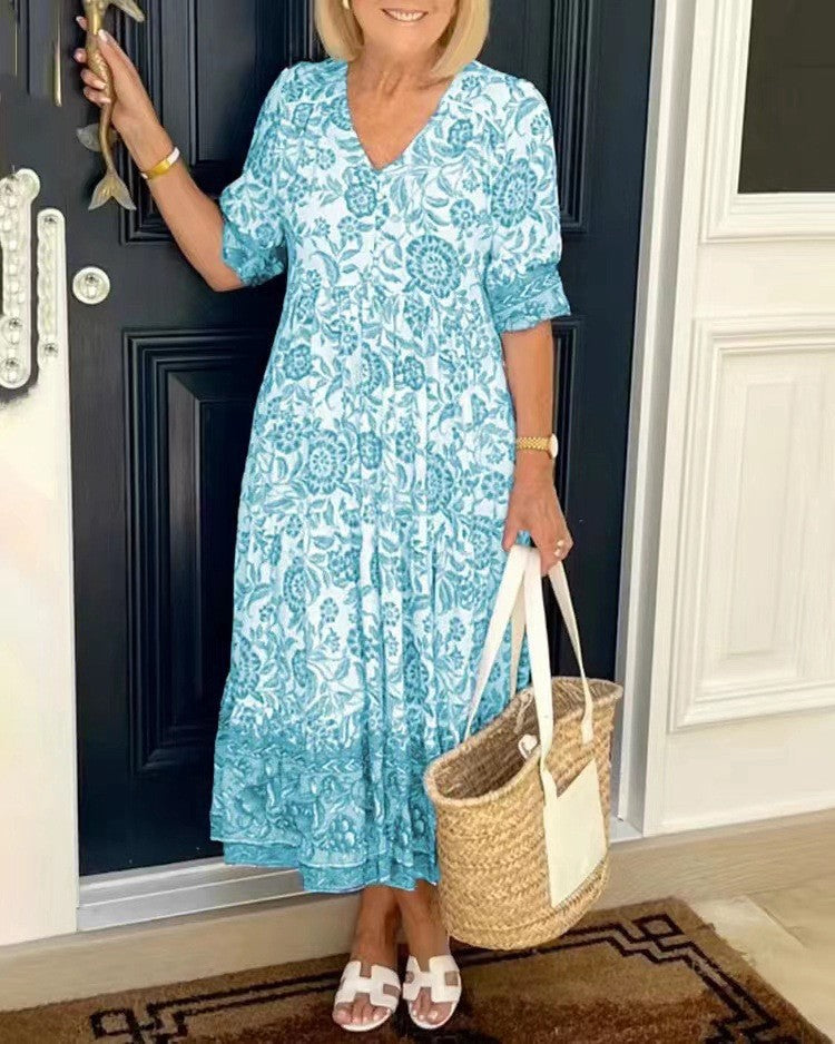 Elegant Breathable Women's V-Neck Floral Dress