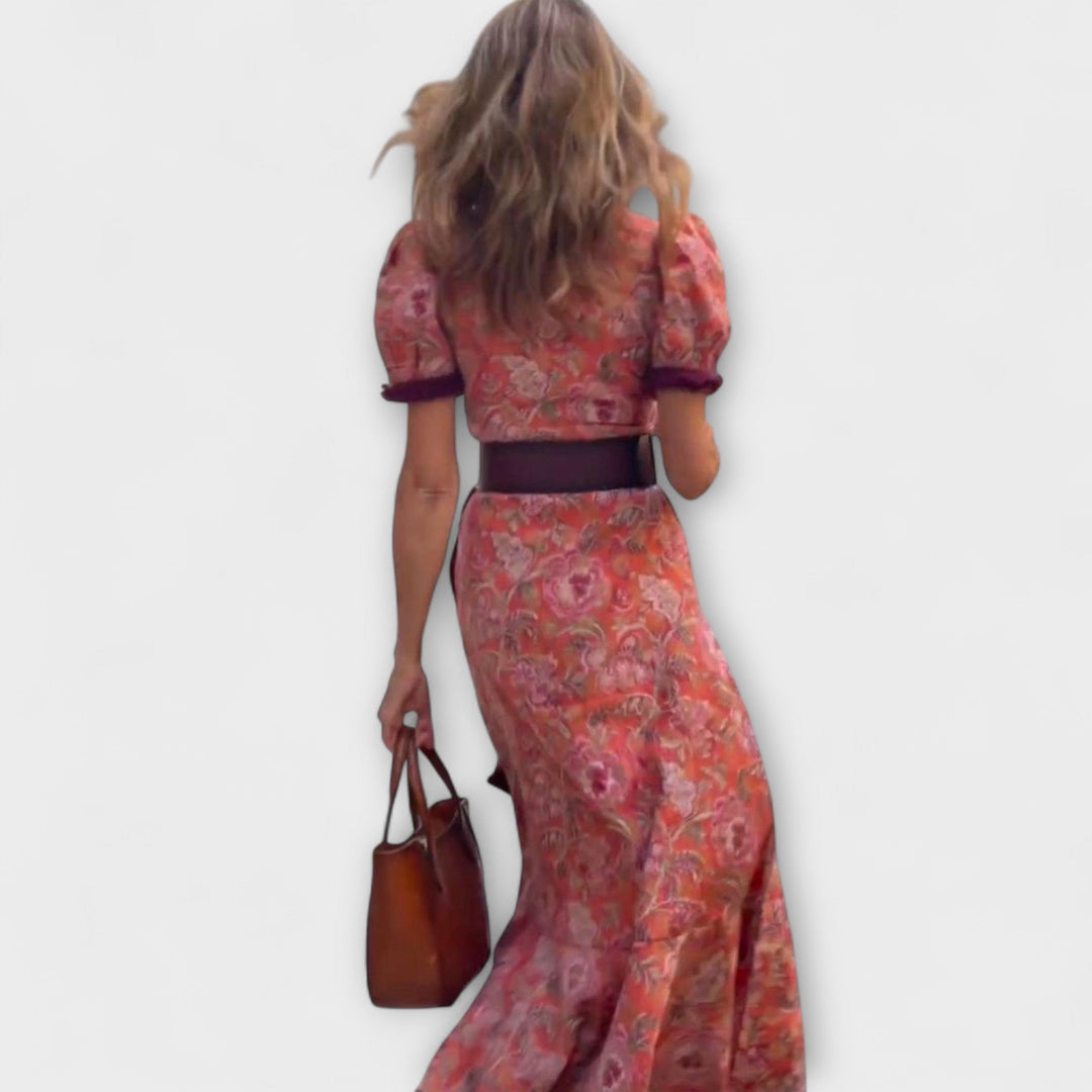 Elegant Pink Women's Maxi Dress with Short Sleeves - Flowy Fit
