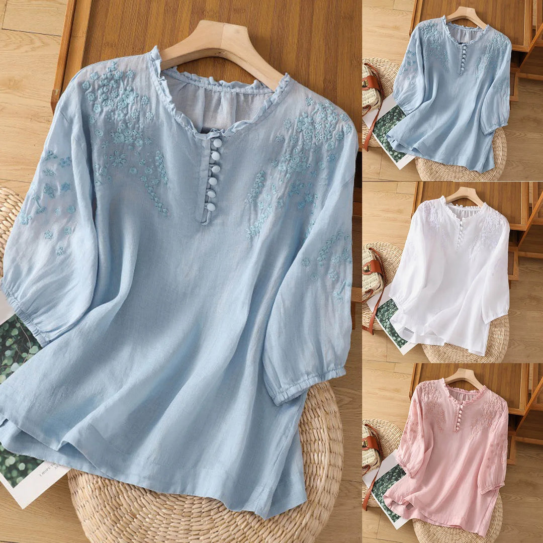 Elegant Embroidered Women's Button-Front Blouse