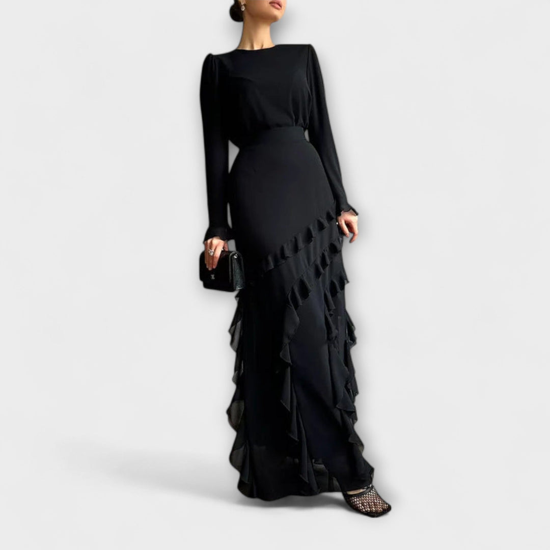 Elegant Women's Long Slim Fit Dress with Three-Dimensional Ruffles