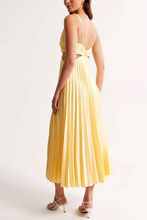Elegant Pleated Women's Maxi Dress with V-Neck and Waist Cut-Out