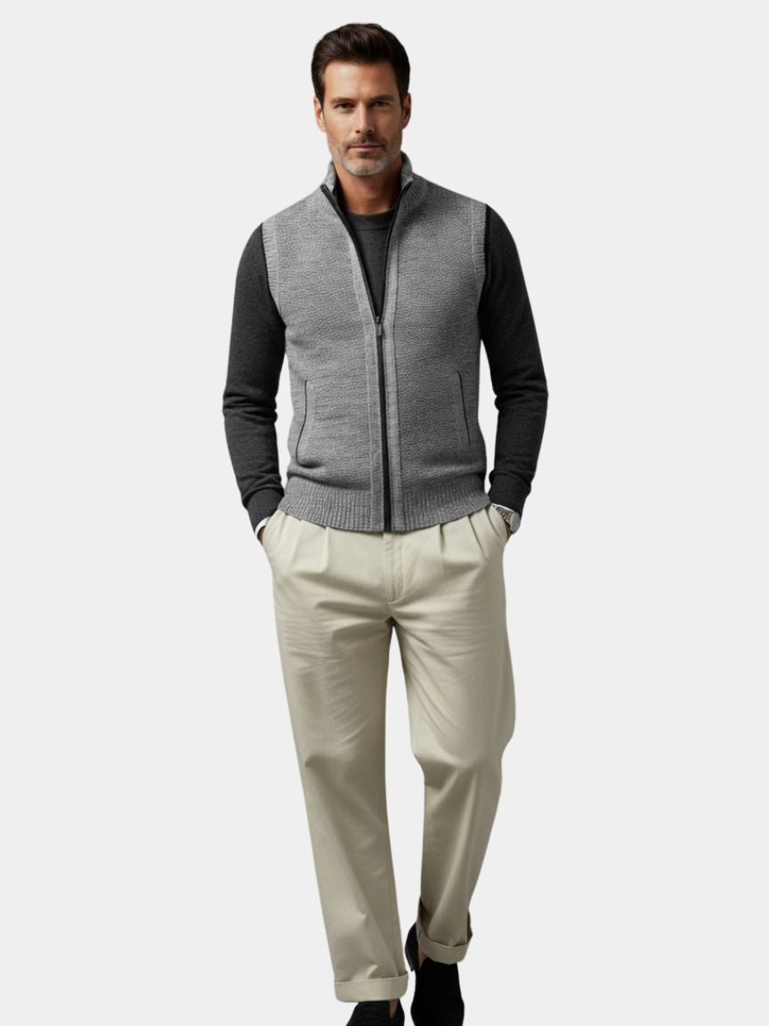 Elegant Men's Zip-Up Sweater Vest with Emblem - Knit Vest